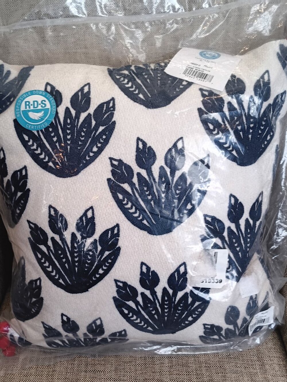 NWT Levtex Home Navy & Cream w/ Red PomPom Accent Pillow 18"x18"